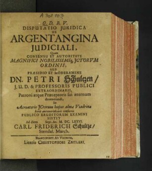 Disputatio Iuridica De Argentangina Iudiciali