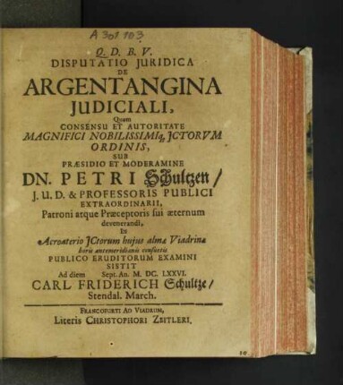 Disputatio Iuridica De Argentangina Iudiciali