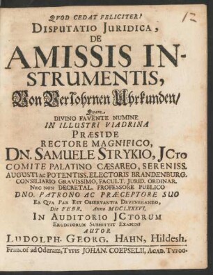 Disputatio Iuridica, De Amissis Instrumentis
