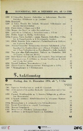 5. Auktionstag: Freitag, den 11. Dezember 1931, ab ½ 3 Uhr (Nr. 1301-1600)