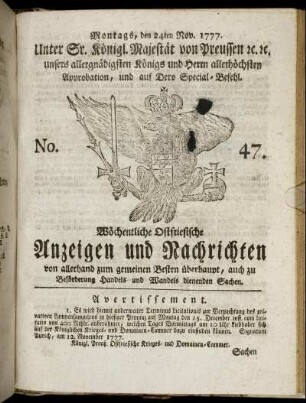 No. 47. Montags, den 24ten Nov. 1777.