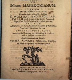 Disp. iur. inaug. ad Senatus consultum Macedonianum