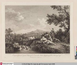 [Flusslandschaft mit zwei Frauen und Kindern im Vordergrund]