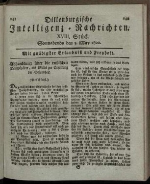 XVIII. Stück. Sonnabends den 3. May 1800.