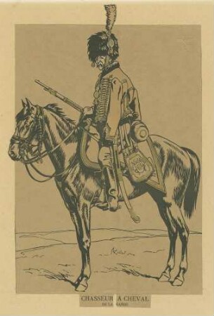 Stab Kaiser Napoleon I.: Gardejäger in Uniform und Mütze zu Pferd, Seitenansicht