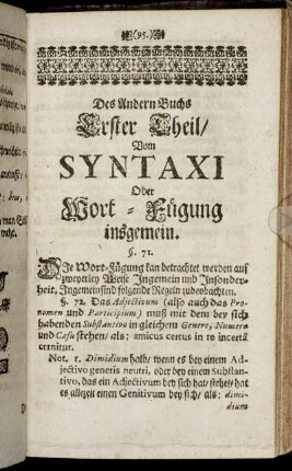 Des Andern Buchs Erster Theil/ Vom Syntaxi Oder Wort-Fügung insgemein.