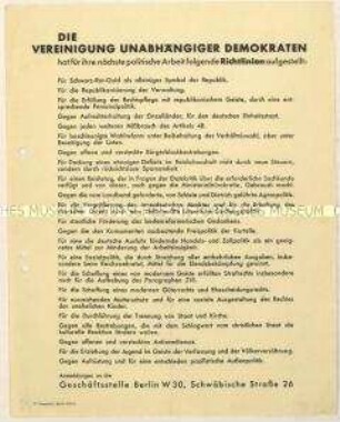 Flugblatt mit dem politischen Programm der Vereinigung unabhängiger Demokraten