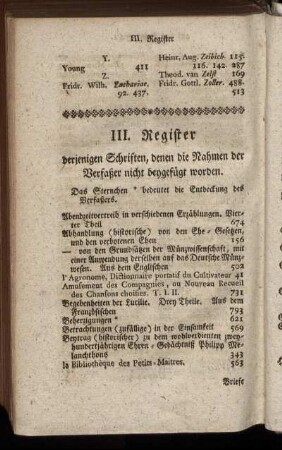 III. Register derjenigen Schriften, denen die Nahmen der Verfaßer nicht beygefügt worden.
