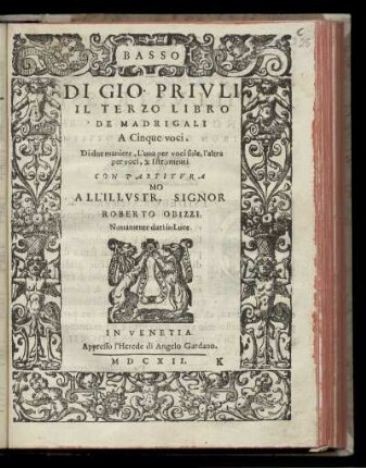 Giovanni Priuli: Il terzo libro de madrigali a cinque voci ... Basso