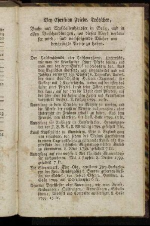 Bey Christian Friedr. Trötscher, Buch- und Musikalienhändler in Gräz,[...]