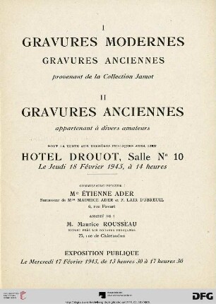 Gravures modernes, gravures anciennes provenant de la collection Jamot : 18. Février 1943