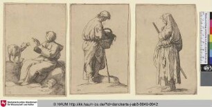 [Rechtes Blatt: Bettlerin mit Stab in Profilansicht nach links]