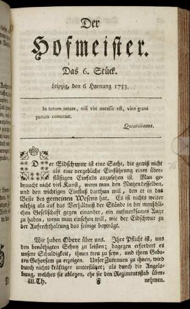 Das 6. Stück. Leipzig, den 6 Hornung 1753.