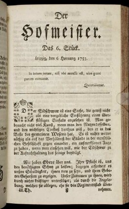Das 6. Stück. Leipzig, den 6 Hornung 1753.