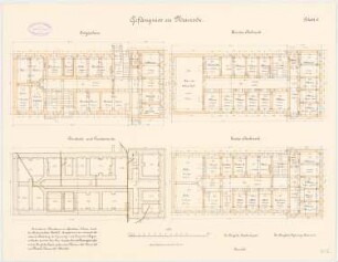 Amtsgericht und Gefängnis, Neurode: Gefängnis: Grundriss Bankette und Fundamente, Erdgeschoss, 1. und 2. Obergeschoss 1:100