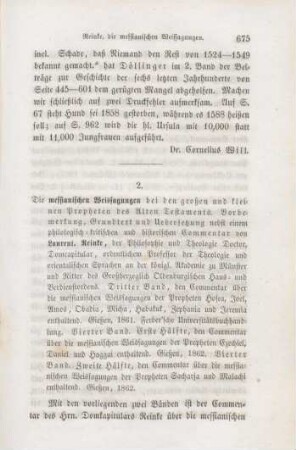 675-689 [Rezension] Reinke, Laurenz, Die messianischen Weissagungen bei den großen und kleinen Propheten des A. T.