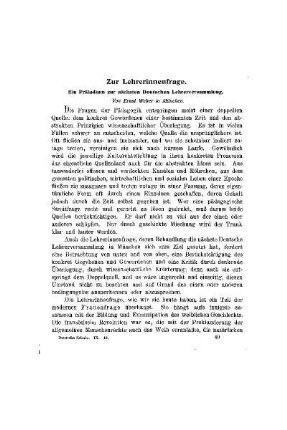 Zur Lehrerinnenfrage : ein Präludium zur nächsten Deutschen Lehrerversammlung