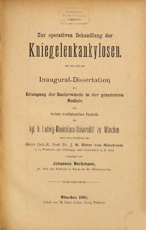 Zur operativen Behandlung der Kniegelenkankylosen ...