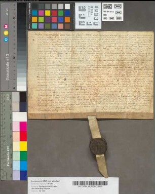 Urkunde, die sich auf das Testamentum viduae Margarethae Meschede geborne Rahm bezieht.