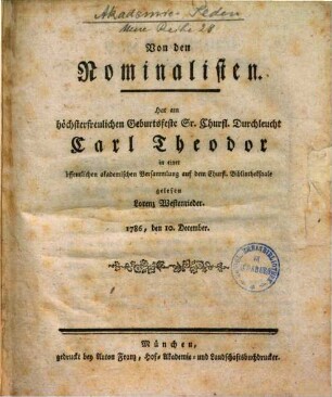 Von den Nominalisten : Gelesen in einer öffentlichen akademischen Versammlung 1786, den 10 December