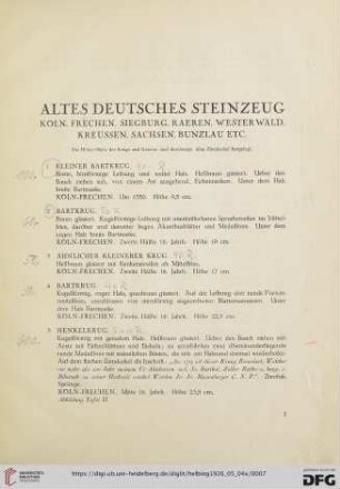 Altes deutsches Steinzeug (Nr. 1-105)