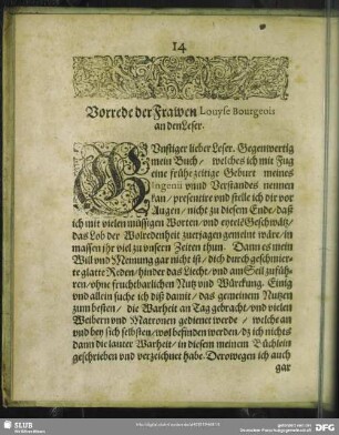 Vorrede der Frawen Louyse Bourgeois an den Leser