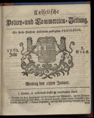 3. Stueck, Montag den 18ten Januar 1762