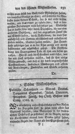 Politische Schauspiele - Marcus Brutus. Tarquinius Superbus. Italus. Timoleon. Pelopidas.