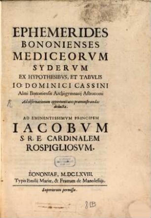 Ephemerides Bononienses Mediceorum Siderum