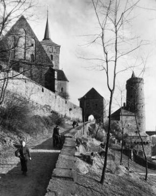 Bautzen. Blick vom Eselsberg auf Michaeliskirche, Mühltor und Alte Wasserkunst