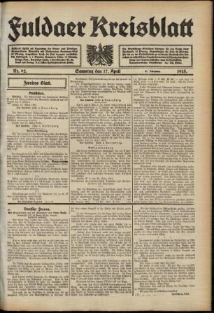 Zweite Ausgabe vom Samstag, den 17. April 1915.