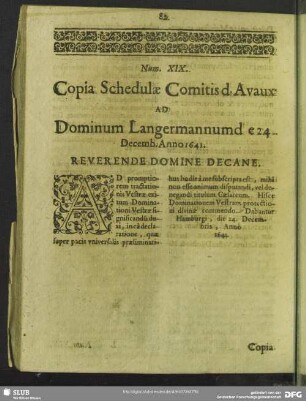 Num. XIX. Copia Schedulae Comitis d'Avaux Ad Dominum Langermannum de 24. Decemb. Anno 1641