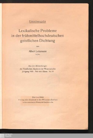 Lexikalische Probleme in der frühmittelhochdeutschen geistlichen Dichtung