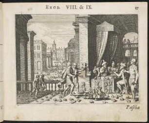 Landplagen, Straffen der Tyrannen. Exod. VIII. & IX. : Merian, Matthäus d. Ä. (Inventor) : Landplagen, Straffen der Tyrannen. Exod. VIII. & IX., S. 87. Kupferstich; 110 x 150 mm (Plattenrand). Aus: Gottfried, Johann Ludwig, Merian Matthäus : Icones Biblicae. Biblische Figuren darinnen die Fürnembsten Historien in Heiliger und Göttlicher Schrift begriffen...Straßburg: Lazari Zetzner, 1625. Dresden: SLUB App.bibl.475