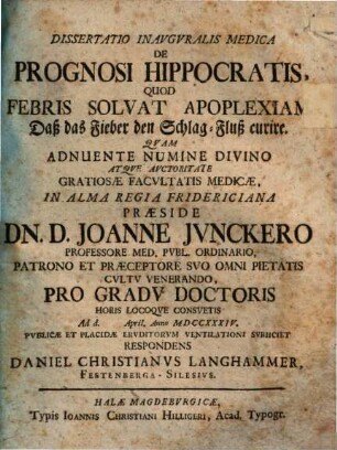Diss. inaug. ... de prognosi Hippocratis, quod febris solvat apoplexiam