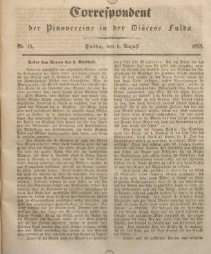 Nr. 15. Fulda, den 1. August 1852.