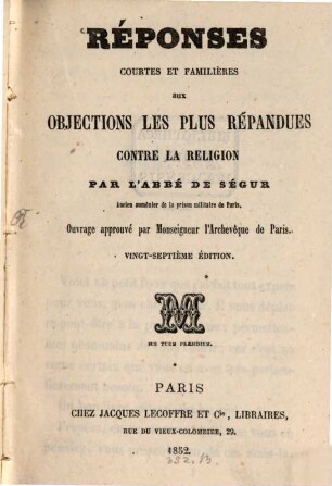 Réponses courtes et familières aux objections les plus répandues contre la religion