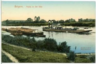 Belgern. Blick auf die Elbe mit Schlepper