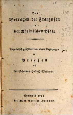 Das Betragen der Franzosen in der Rheinischen Pfalz : ... in Briefen an Girtanner