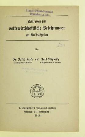 Leitfaden für volkswirtschaftliche Belehrungen an Volksschulen