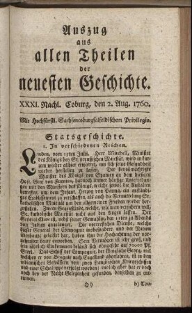 XXXI. Nachl. Coburg, den 2. Aug. 1760.