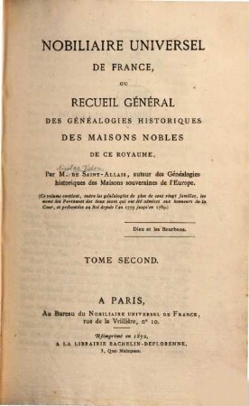 Nobiliaire universel de France, ou recueil général des généalogies historiques des maisons nobles de ce royaume, 2