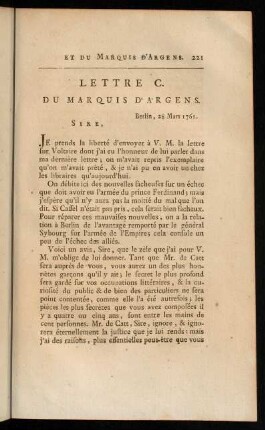 221-241, Lettre C. du Marquis D'Argens.-Lettre CX. du Roi.