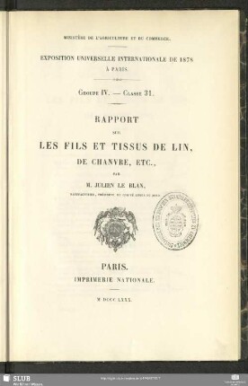 Rapport sur les fils et tissus de lin, de chanvre, etc.