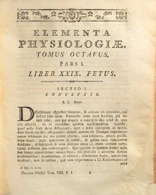 Elementa Physiologiæ Corporis Humani, Tomus Octavus. Fetus Hominisque Vita