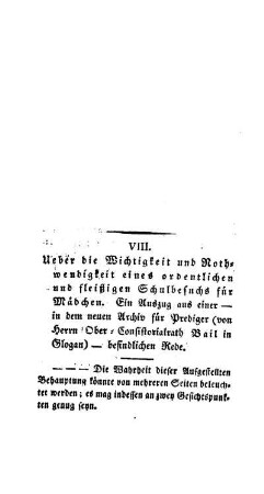 Ueber die Wichtigkeit und Nothwendigkeit eines ordentlichen und fleißigen Schulbesuchs für Mädchen
