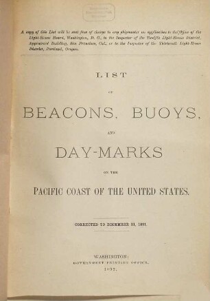 List of beacons, bouys, and day marks on the Pacific Coast of the United States. 1891, 1891 (1892)