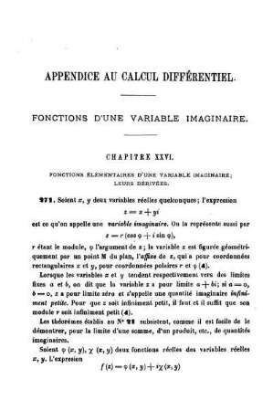 Appendice au calcul différentiel. Fonctions D´une variable imaginaire.