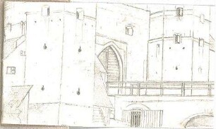 Hoffstadt, Friedrich; Kassette 3: Mappe VI.4, Kapitelle (1269-1284) - Teil einer Burg (Perspektive)