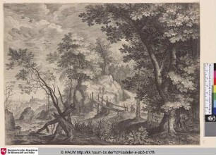 [Die Reisenden in der Bergschlucht, mit der Ansicht einer Stadt]